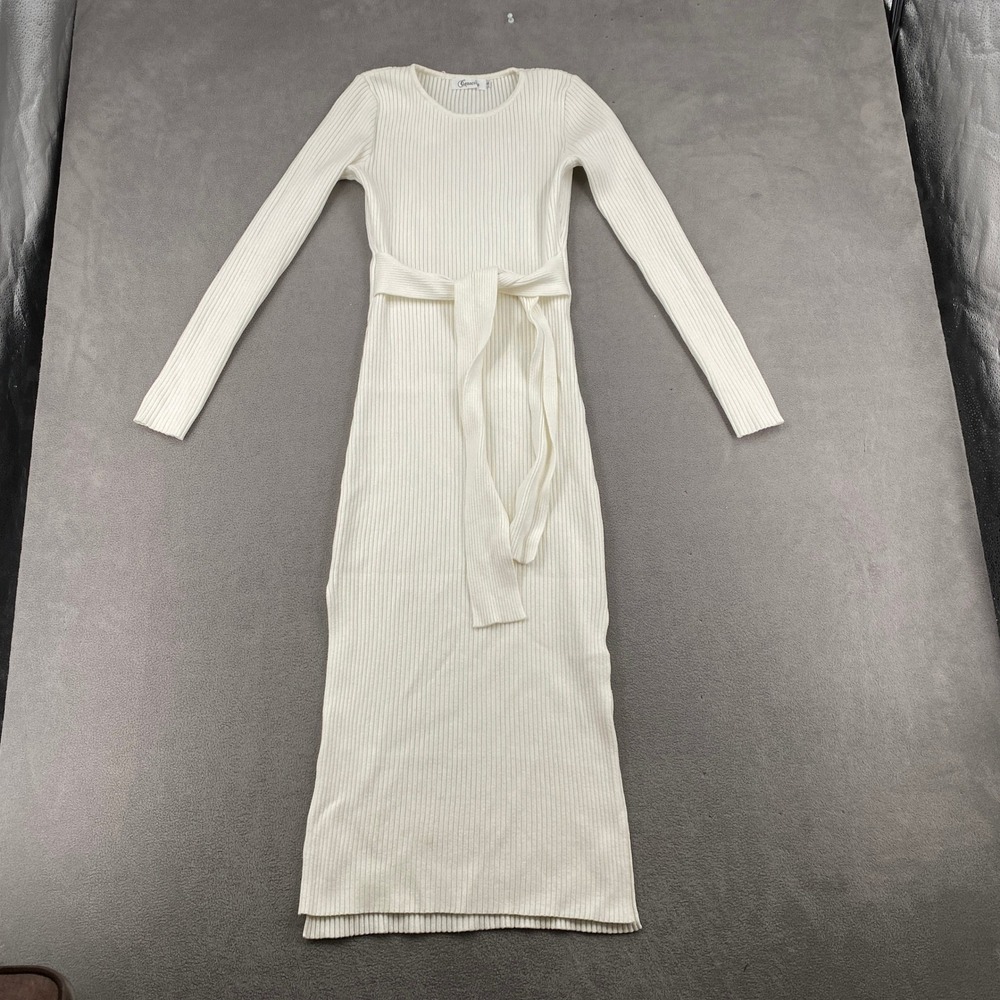 Caracilia Womens Rib Knit Long Sleeve Midi Dress Cream Off White Small Tie Waist